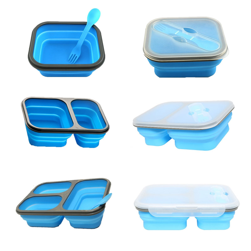Custom Food Child Foldable Collapsible 2 3 Compartment School Silicone Bento Lunch Box for Kids Adult
