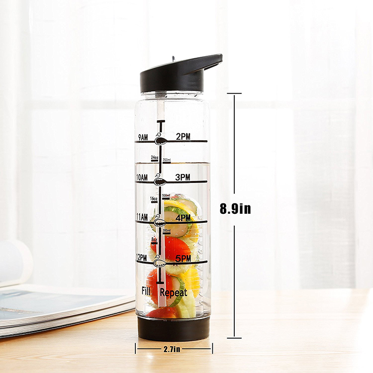 Large Infused Fruit Water Infusion Bottles Time Markings Leak Proof Sport BPA Free Straw Travel Water Bottle