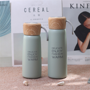 Korea Cute Cartoon Wood Grain Cover Handle Male And Female Students Creative Stainless Steel Mug Cup Portable Cup