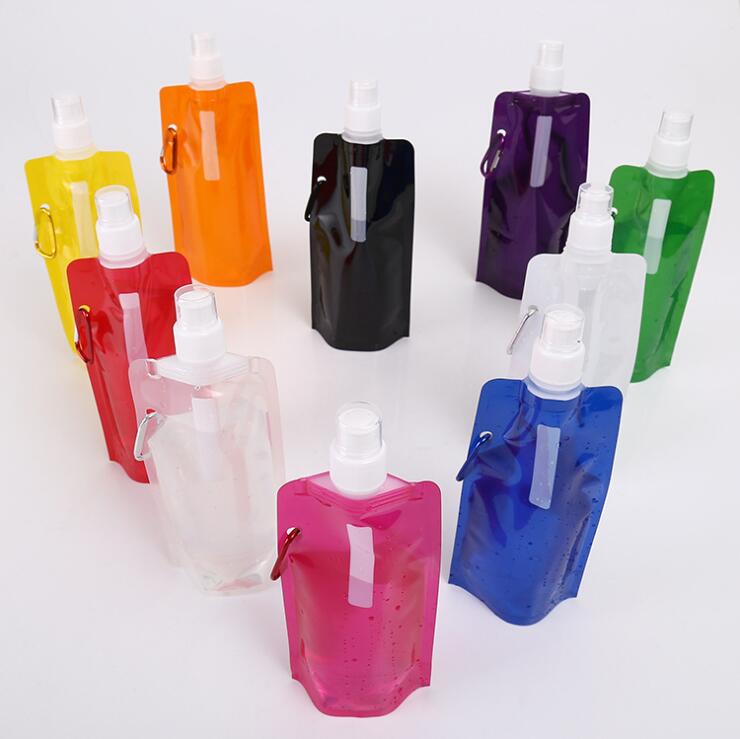 wholesale custom logo printed clear folding bpa free 16oz collapsible foldable water bottle with carabiner for sport drinking