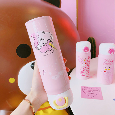 Pink Panther Simple Tea Cup Cartoon Jump Thermal Insulation Cup Portable Student Large Capacity Stainless Steel Water Cup Lovely Cup