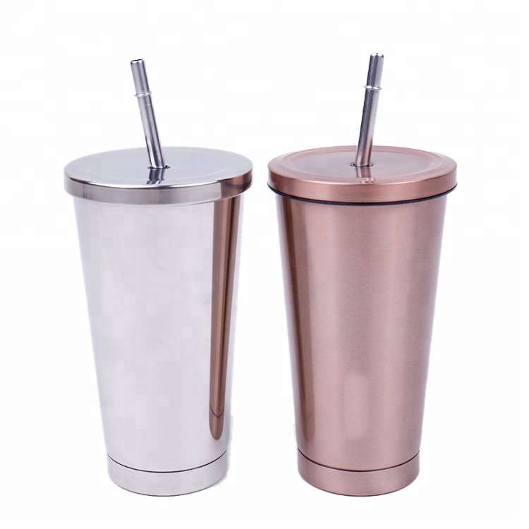 New Custom Logo Pink Sliver Couple Coffee Cup With Straw Stainless Steel Water Bottles