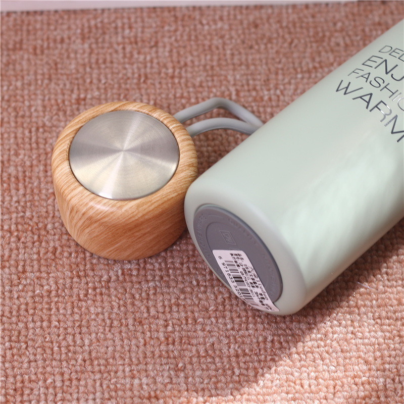 Korea Cute Cartoon Wood Grain Cover Handle Male And Female Students Creative Stainless Steel Mug Cup Portable Cup