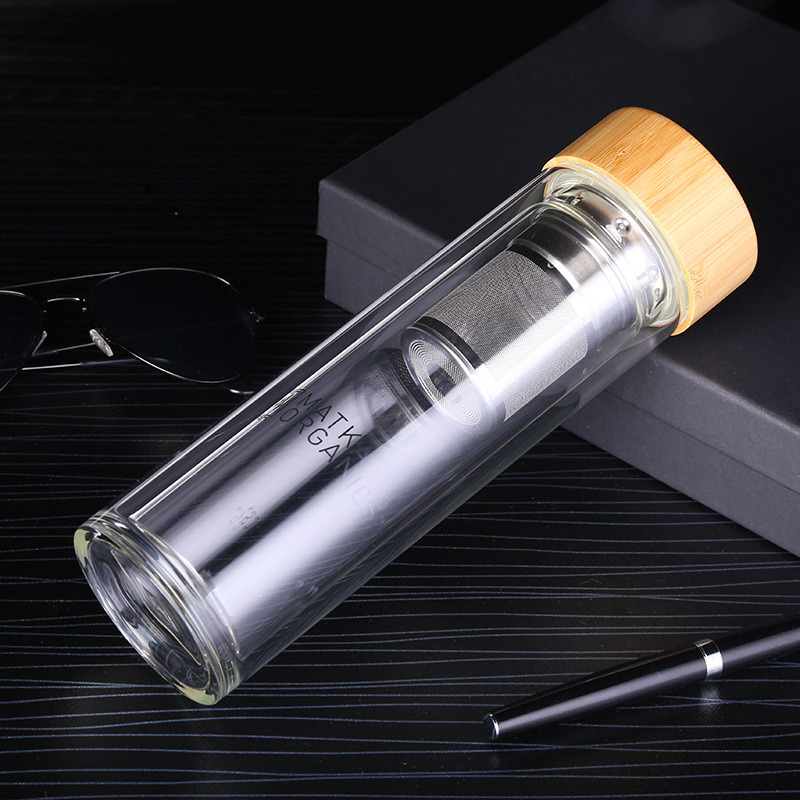 Double Wall Tea Infuser Glass Water Bottle with Bamboo Lid Glass Bottle with Infuser