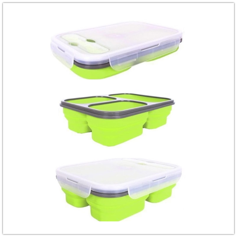 Custom Food Child Foldable Collapsible 2 3 Compartment School Silicone Bento Lunch Box for Kids Adult