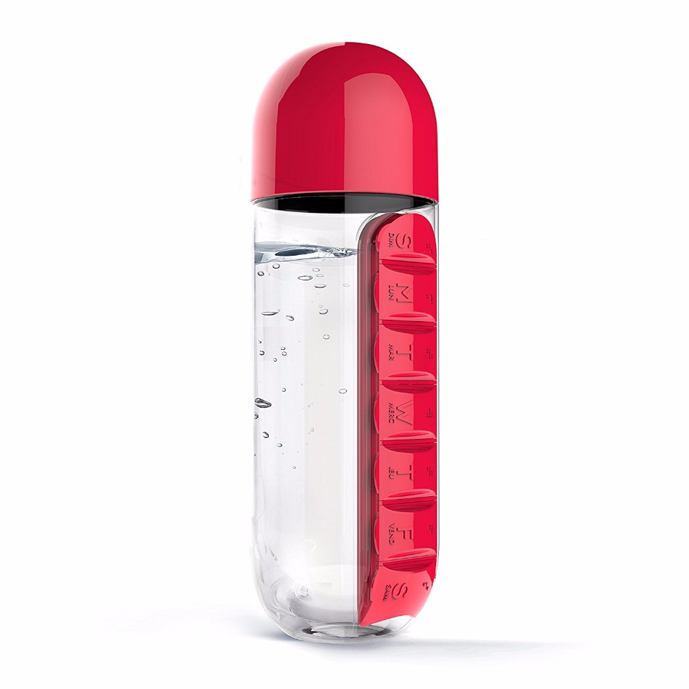 Sports Water Bottle BPA Free Tritan Plastic Convenient With Daily Pill Box Organizer Drinking Tour Hiking Cup