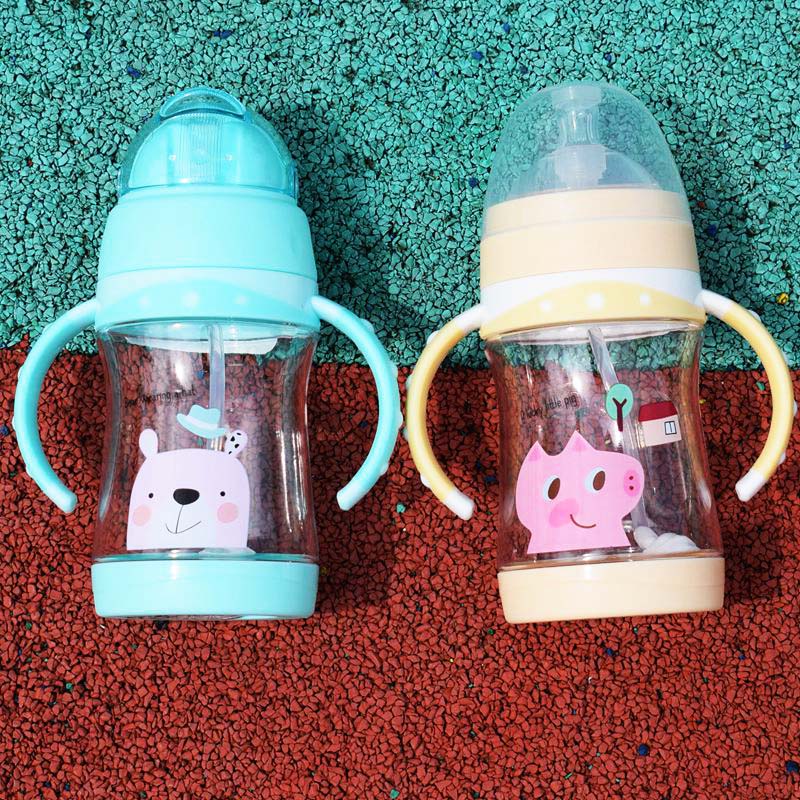 Cute Baby Bottle Kids Children Learn Feeding Drinking Water Straw Handle Bottle Feeding Cup 2 Use