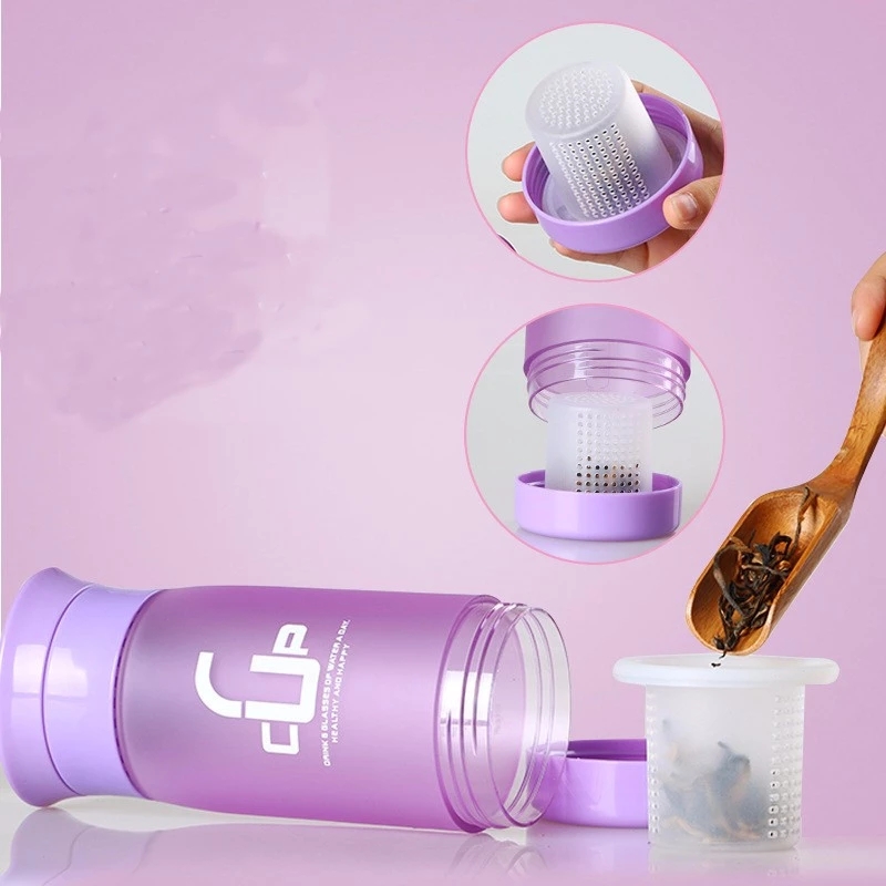 Four Colors To Chooose Simple Cute 380ml Plastic Sport Water Bottle With Tea Infuser
