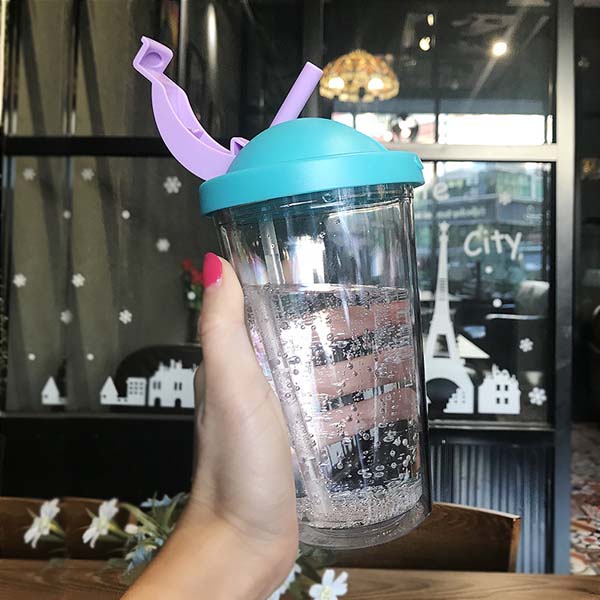 Gift double plastic straw coffee bottle student leak-proof milk teacup