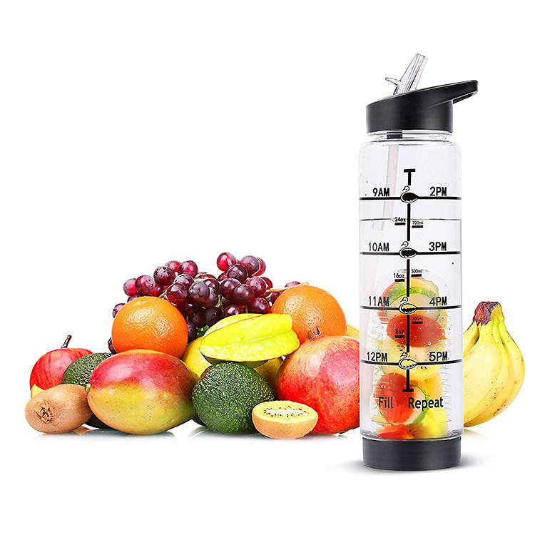 Large Infused Fruit Water Infusion Bottles Time Markings Leak Proof Sport BPA Free Straw Travel Water Bottle