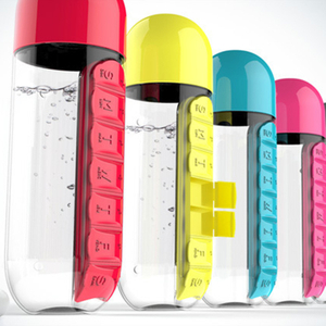 Sports Water Bottle BPA Free Tritan Plastic Convenient With Daily Pill Box Organizer Drinking Tour Hiking Cup