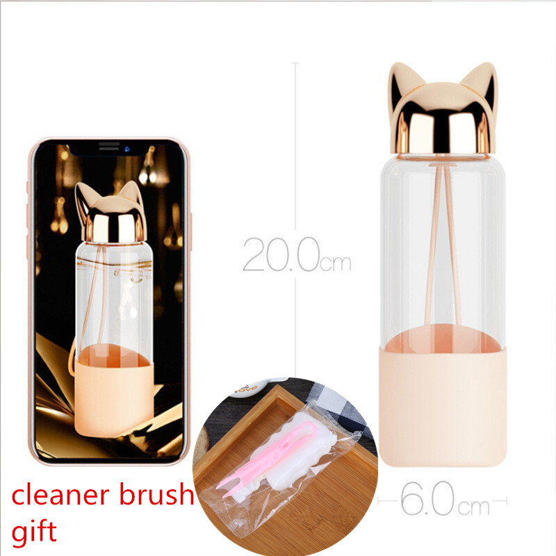 Creative Flash Fox Water Bottle with Rope Cute Cartoon Portable Outdoor Women Glass Drinking Bottles Insulation Cover
