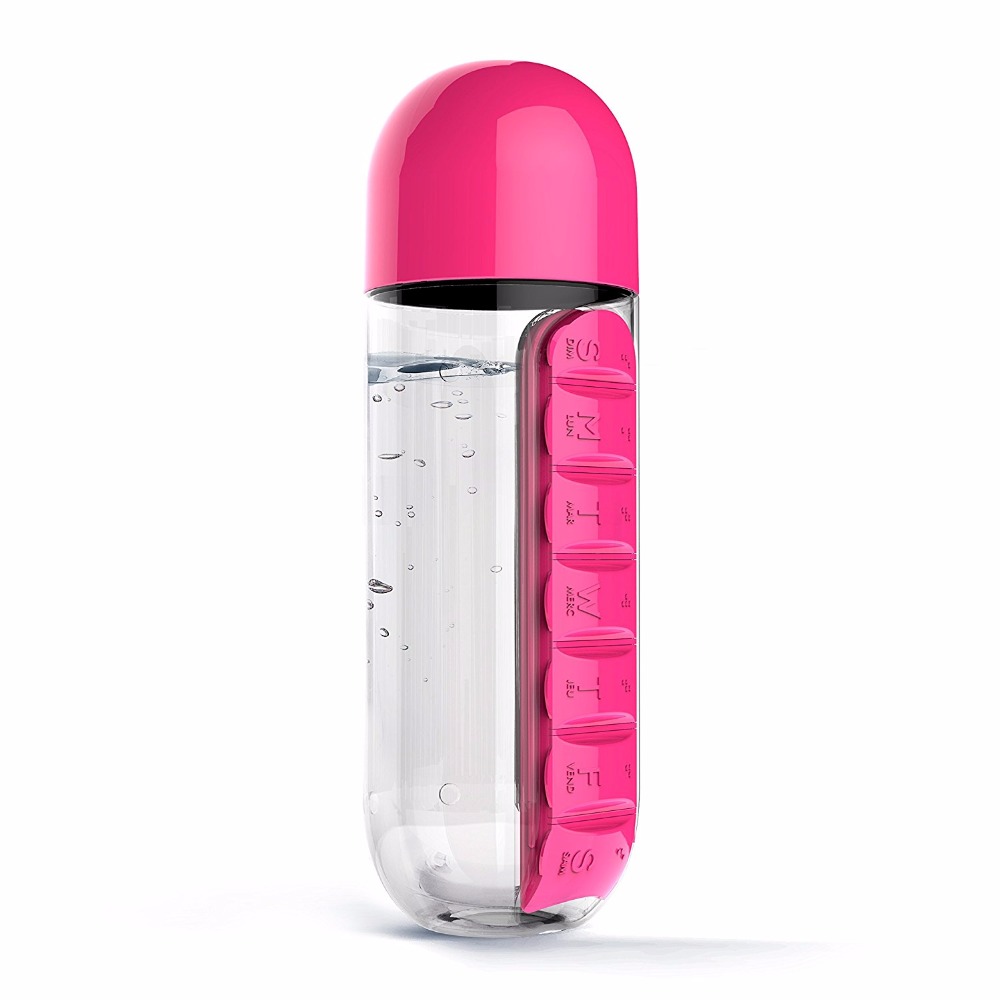 Sports Water Bottle BPA Free Tritan Plastic Convenient With Daily Pill Box Organizer Drinking Tour Hiking Cup
