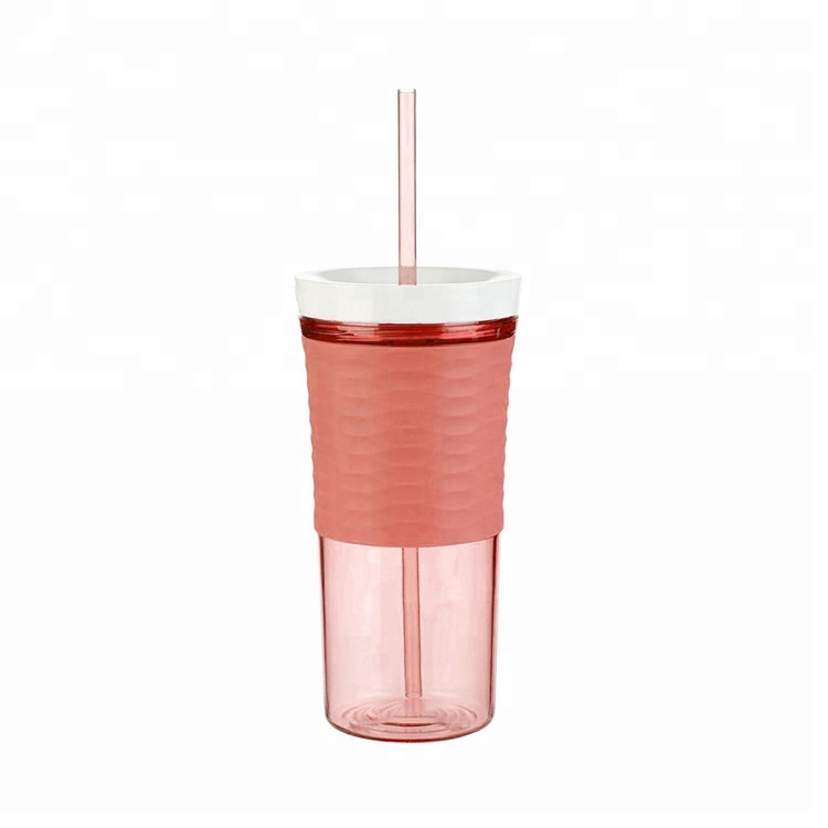 With Logo Custom Straw Portable Coffee Water Cup Double-deck Plastic Bottles