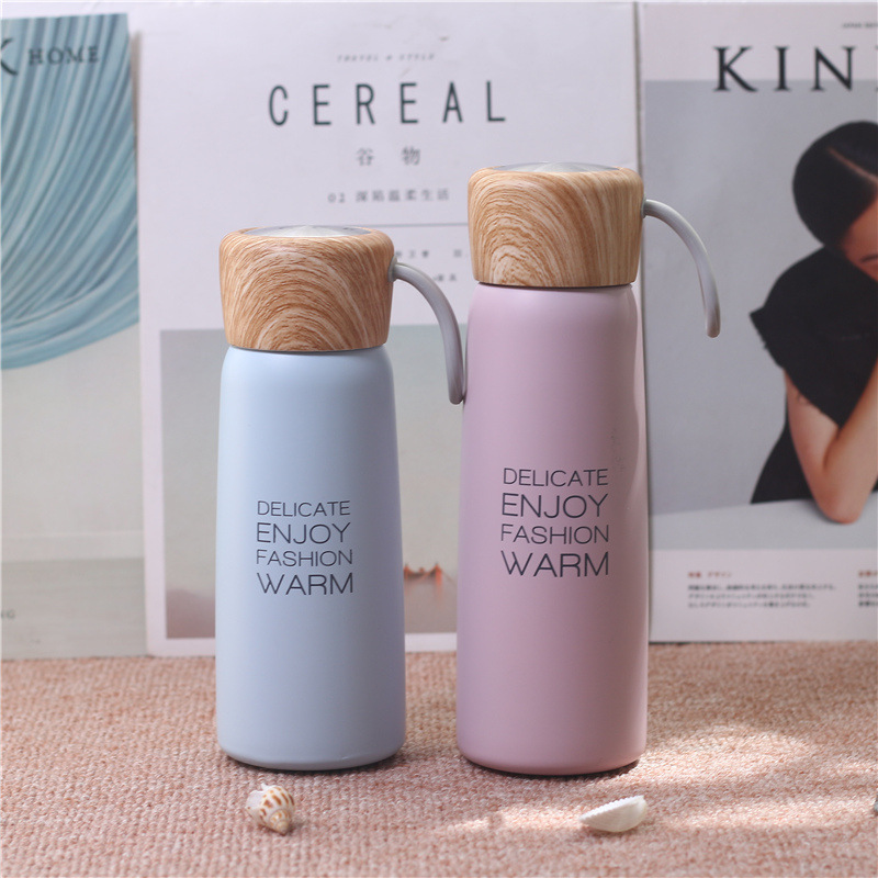 Korea Cute Cartoon Wood Grain Cover Handle Male And Female Students Creative Stainless Steel Mug Cup Portable Cup