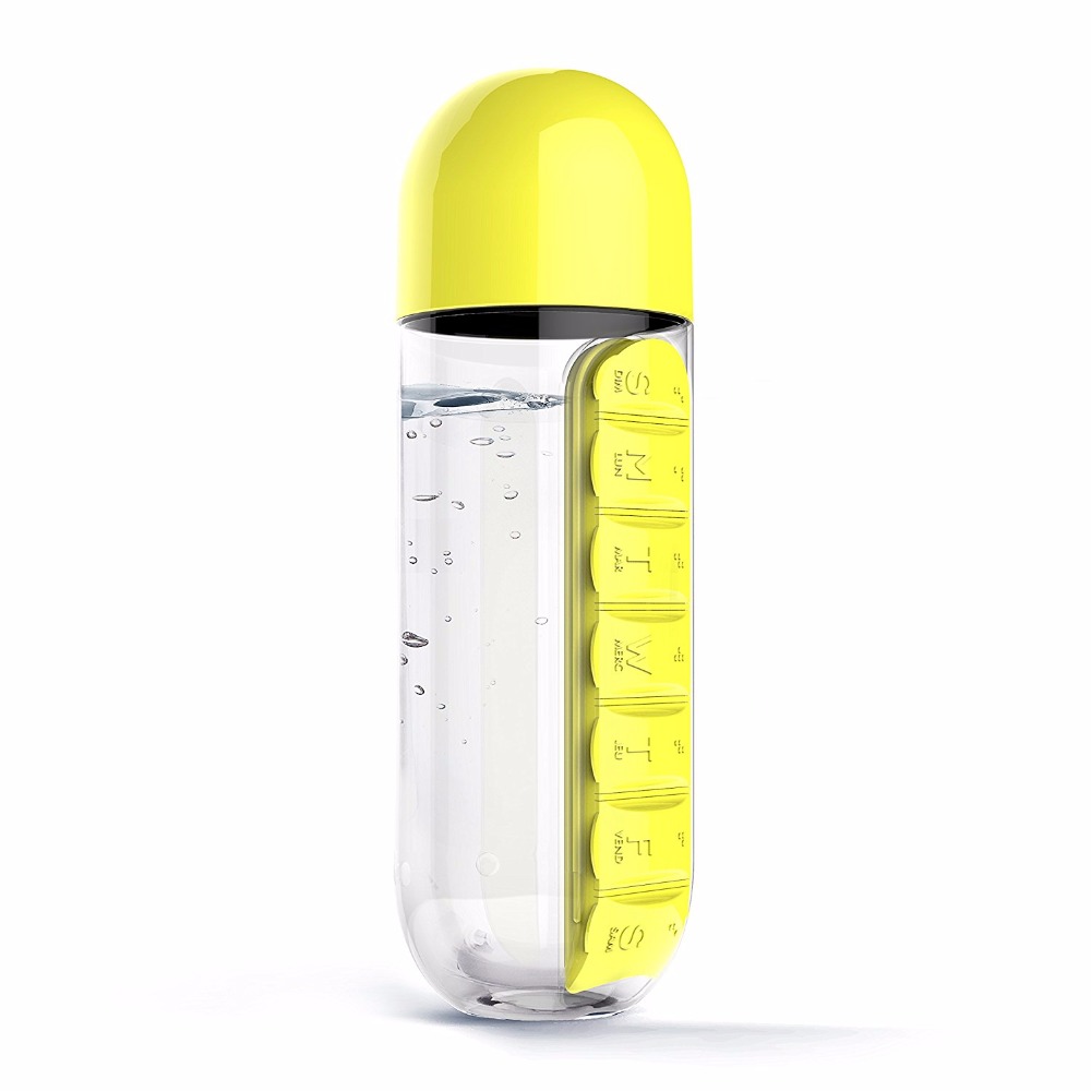 Sports Water Bottle BPA Free Tritan Plastic Convenient With Daily Pill Box Organizer Drinking Tour Hiking Cup