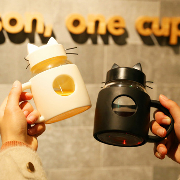 New creative glass cute cat water cup with handle portable glass Advertising gift Cup custom wholesale