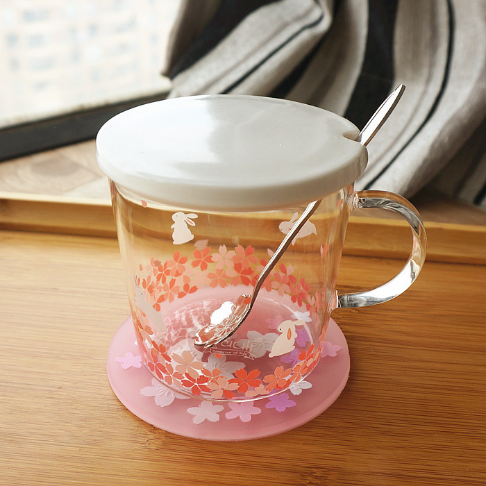  Japanese Style And Wind Cherry Blossom Heat-resistant Glass Cup Cute Creative Milk Cup with Lid Flower Tea Cup Coffee Cup Water Cup