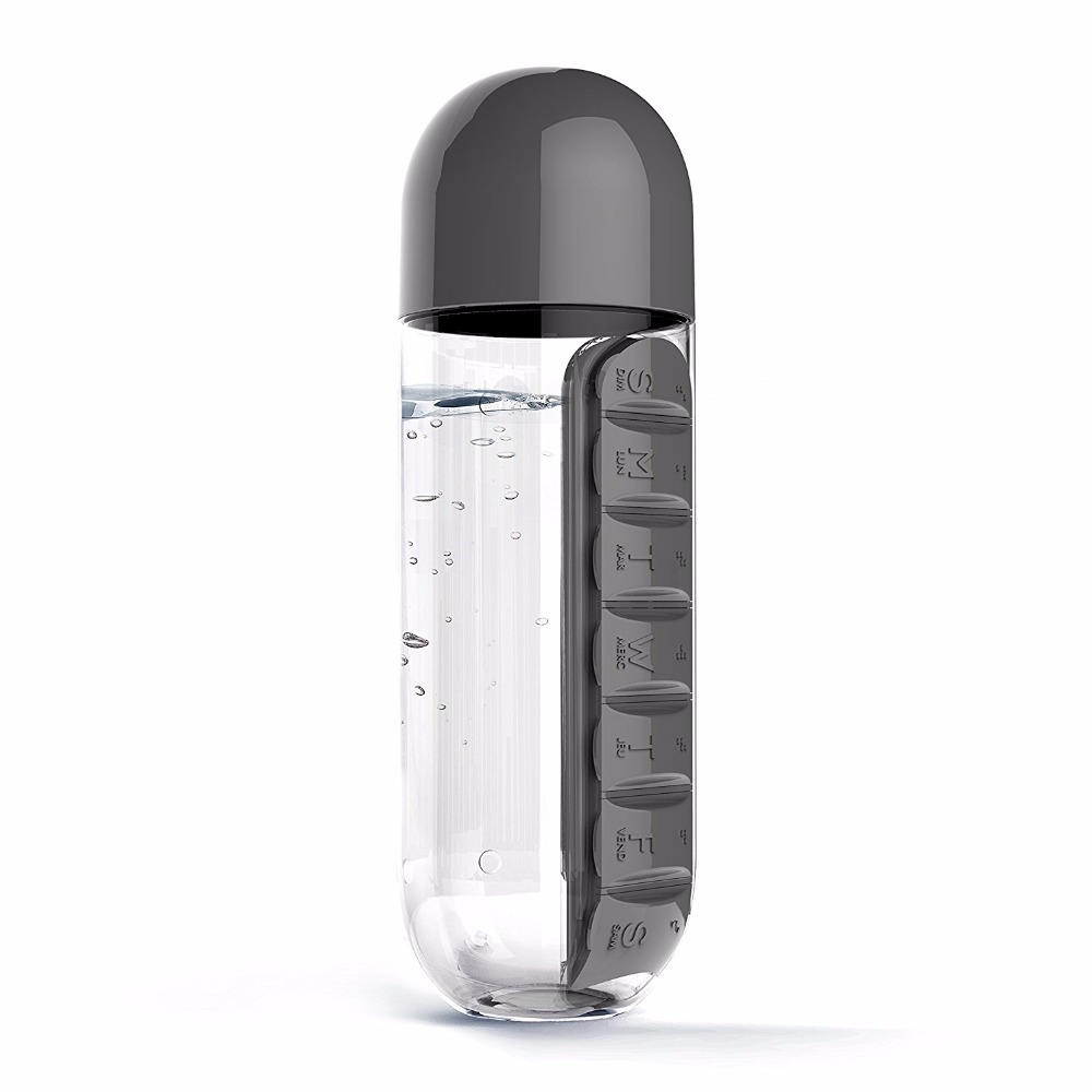 Sports Water Bottle BPA Free Tritan Plastic Convenient With Daily Pill Box Organizer Drinking Tour Hiking Cup