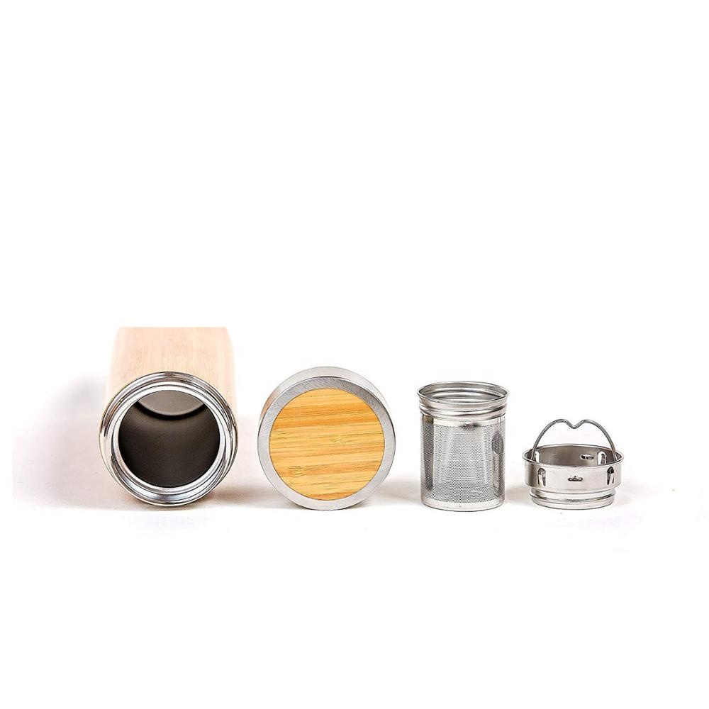 Travel Bamboo Tumbler Sport Water Bottle Insulated Infuser Stainless Steel Thermos Tea Bottle with Lid