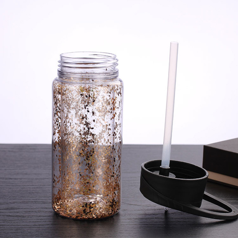New arrival wholesale double wall glitter water bottle sport clear plastic water bottle with straw