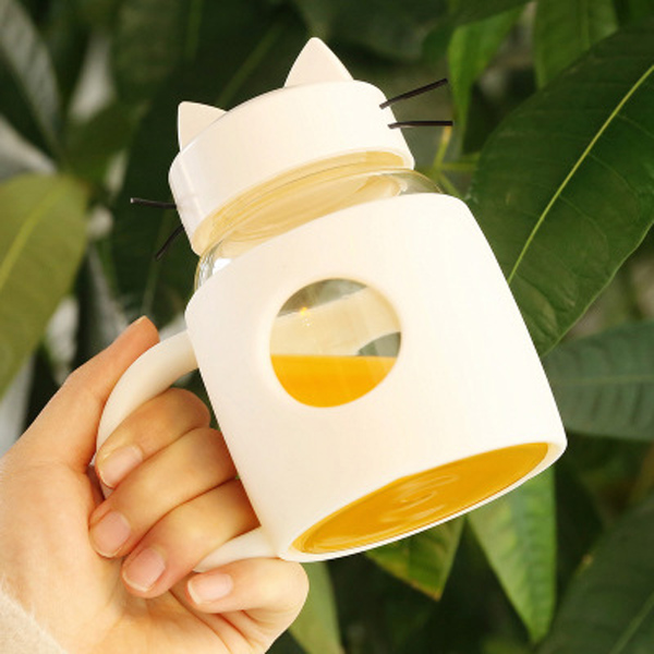 New creative glass cute cat water cup with handle portable glass Advertising gift Cup custom wholesale