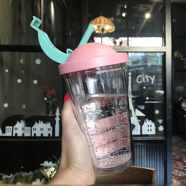 Gift double plastic straw coffee bottle student leak-proof milk teacup