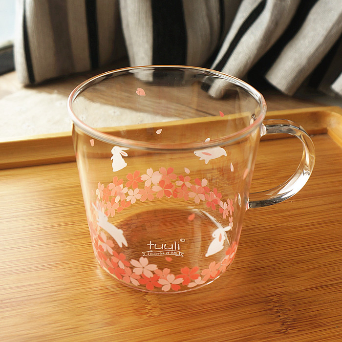  Japanese Style And Wind Cherry Blossom Heat-resistant Glass Cup Cute Creative Milk Cup with Lid Flower Tea Cup Coffee Cup Water Cup