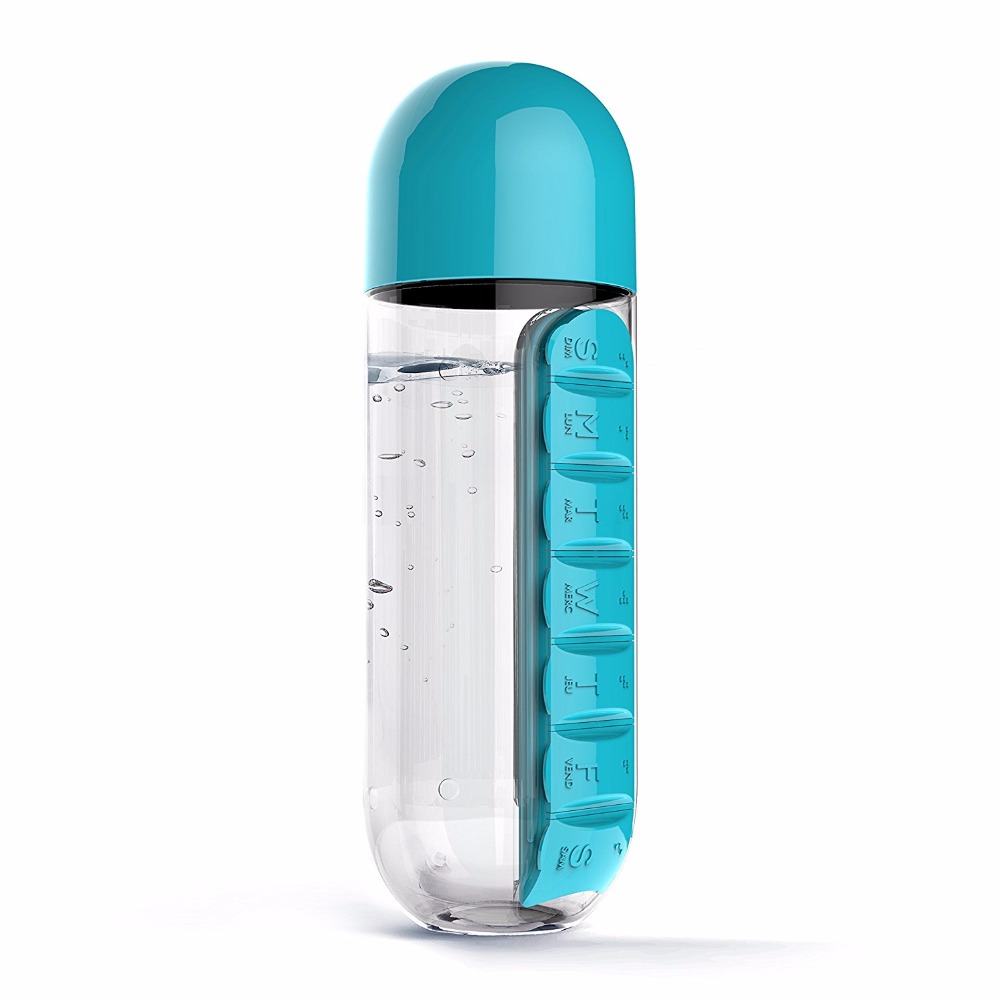 Sports Water Bottle BPA Free Tritan Plastic Convenient With Daily Pill Box Organizer Drinking Tour Hiking Cup