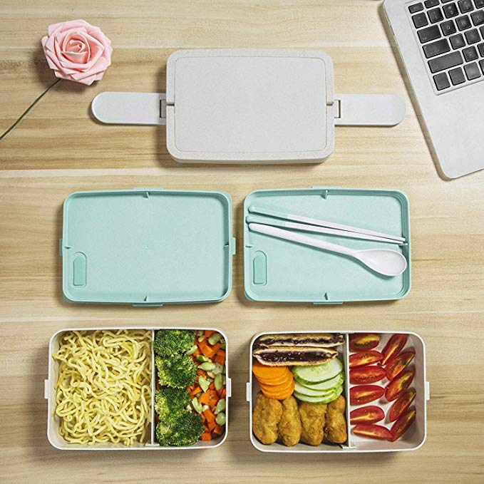 Dual Compartment Microwave Wheat Straw Men Bento Lunch Box Adult