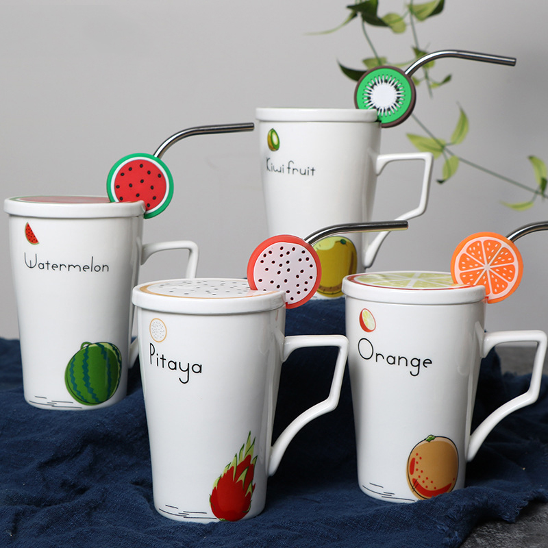 2018 New Products Breakfast Milk Cup Fruit Pattern Ceramic Coffee Mug With Straw