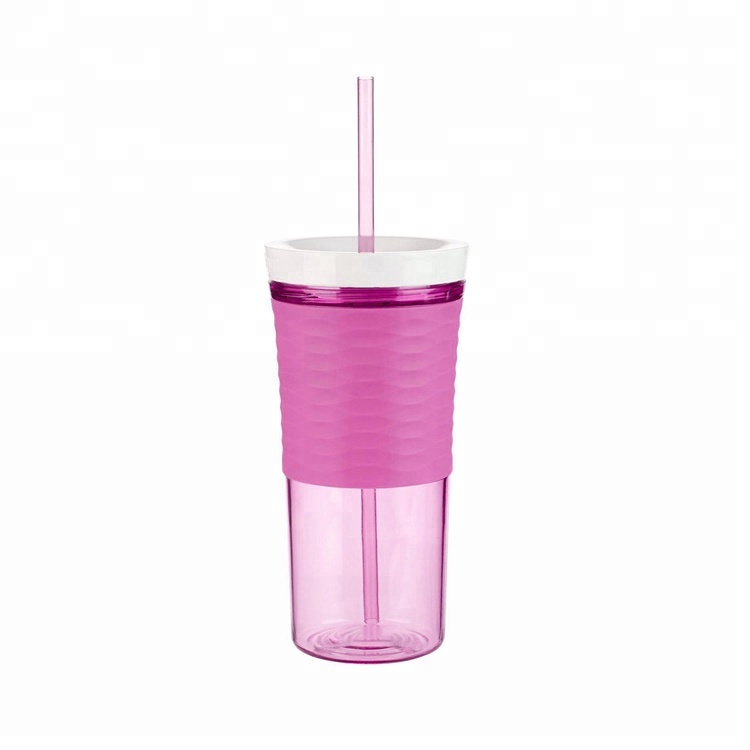With Logo Custom Straw Portable Coffee Water Cup Double-deck Plastic Bottles