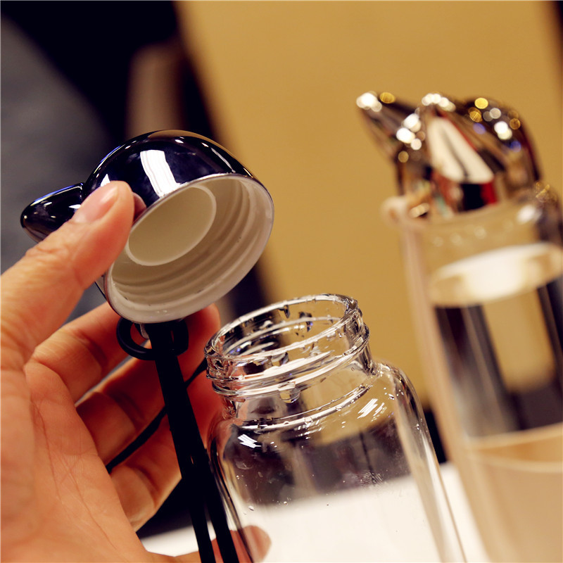 Creative Flash Fox Water Bottle with Rope Cute Cartoon Portable Outdoor Women Glass Drinking Bottles Insulation Cover