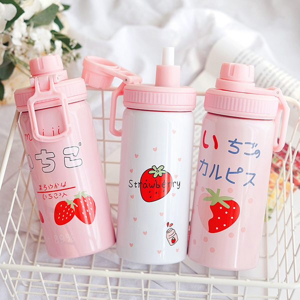 Creative strawberry insulation bottles boys and girls portable straw simple lovely water bottle