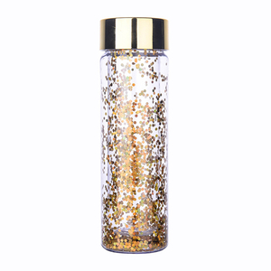 Electroplated Round Cover Double Space Bottles with Sequins Straight Plastic Water Bottle Sport Kettle