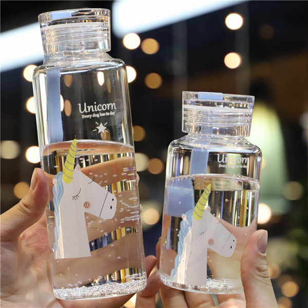 Custom cartoon unicorn high borosilicate transparent glass water bottle