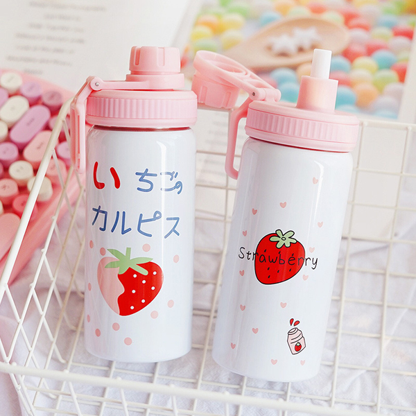 Creative strawberry insulation bottles boys and girls portable straw simple lovely water bottle