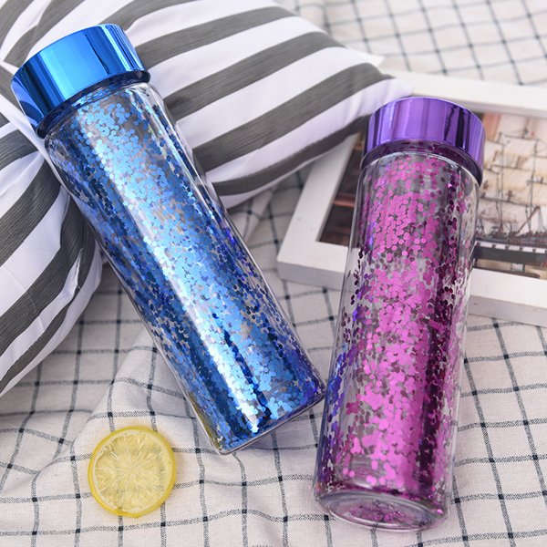 Electroplated Round Cover Double Space Bottles with Sequins Straight Plastic Water Bottle Sport Kettle