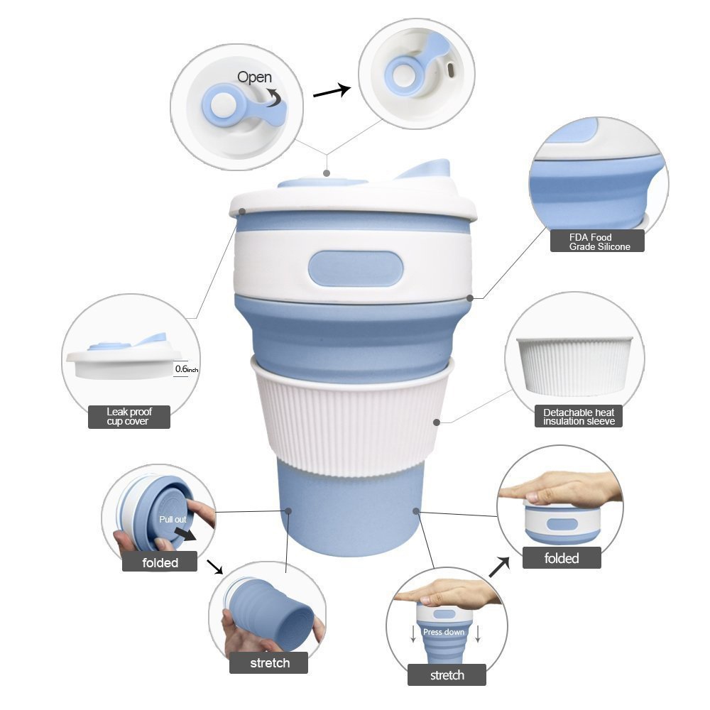 350ml/12oz Portable Folding Coffee Cups Travel Telescopic Collapsible Drinking Cup tazas Silicone Retractable Cup With Lids